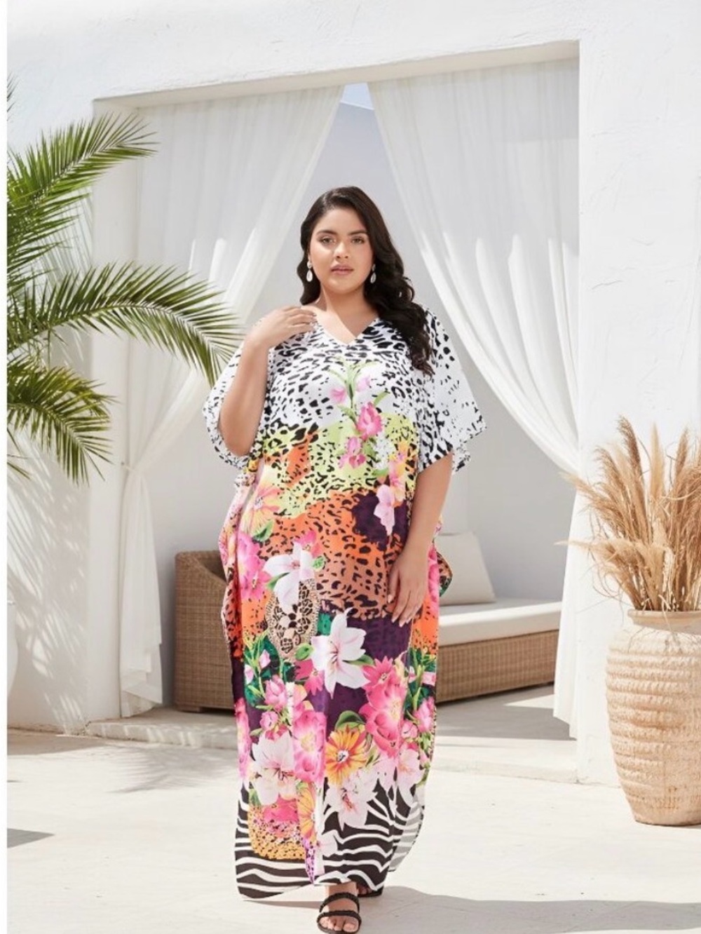 Gypsie Blu Floral Printed Multicolor Polyester Kaftan Summer Dress OS